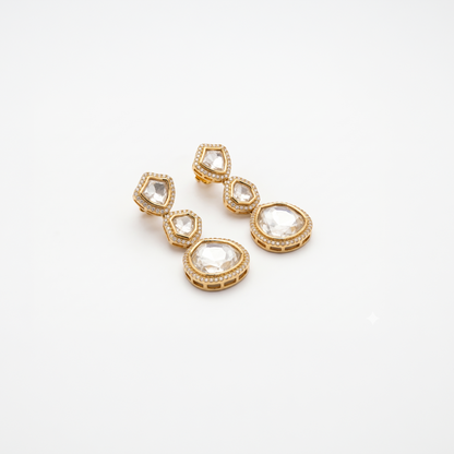 925 Silver Gold Plated Polki 3-Tier Drop Earrings