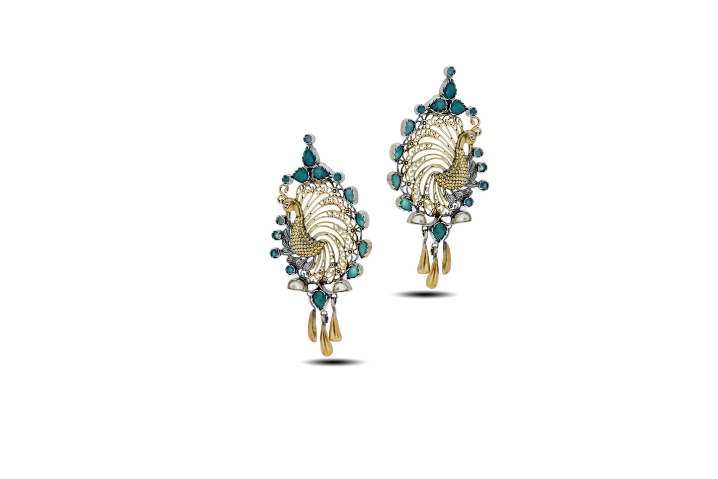 92.5 Silver Peacock Dangler Earrings with Green Stones image 1