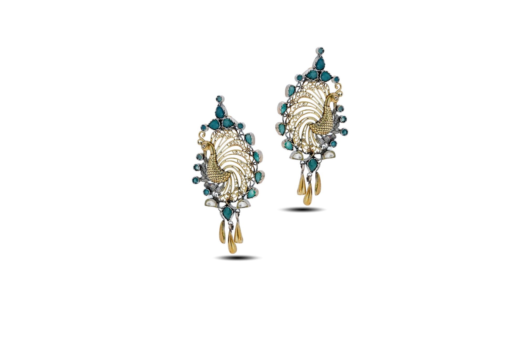 92.5 Silver Peacock Dangler Earrings with Green Stones image 1