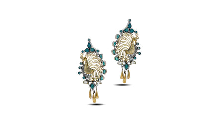 92.5 Silver Peacock Dangler Earrings with Green Stones image 1