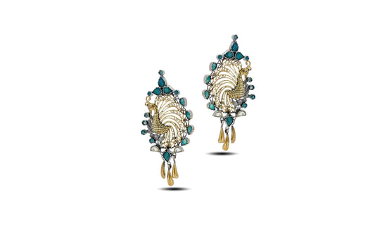 92.5 Silver Peacock Dangler Earrings with Green Stones image 1
