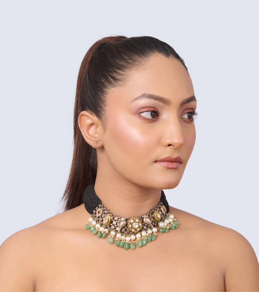 Black Woven Choker with Elephant Motifs, Emeralds, Pearls, and Gold Accents