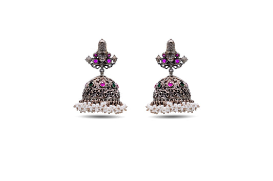 92.5 Silver Temple Earrings with Ruby and Emerald Stones image 0