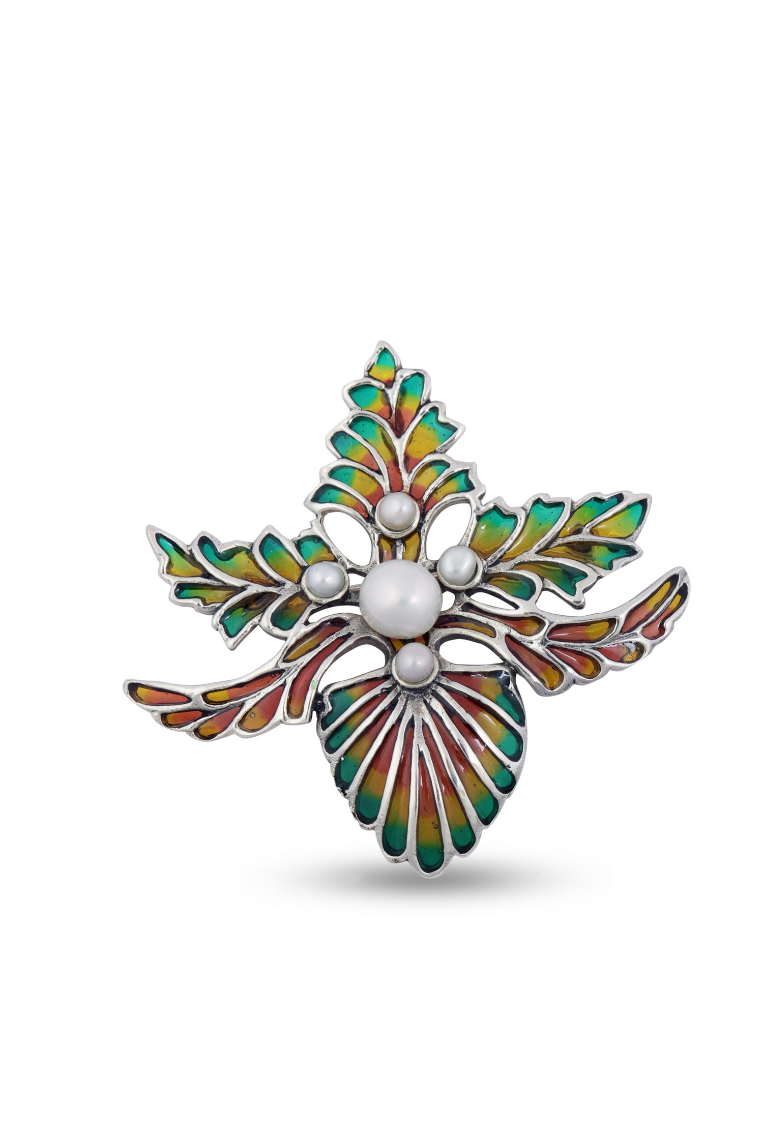 Brooch Pearl Genuine Natural and Red Green Enamel Solid Sterling Silver image 0