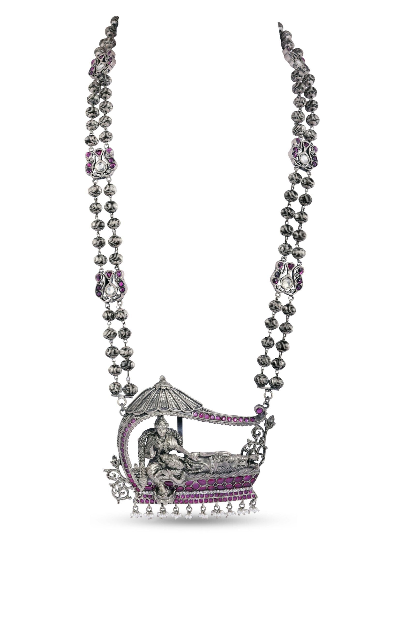 Silver 925  Long Lakshmi Vishnu Temple Necklace image 0