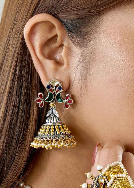 Enamel & Dual-Toned Jhumka Earrings with Pearl Drops