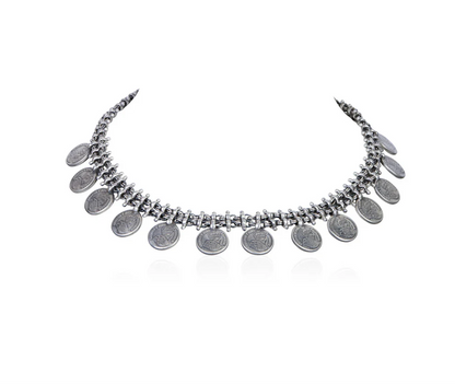 Oxidized Silver Coin Fringe Choker Necklace