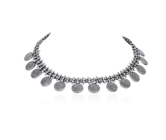 Oxidized Silver Coin Fringe Choker Necklace