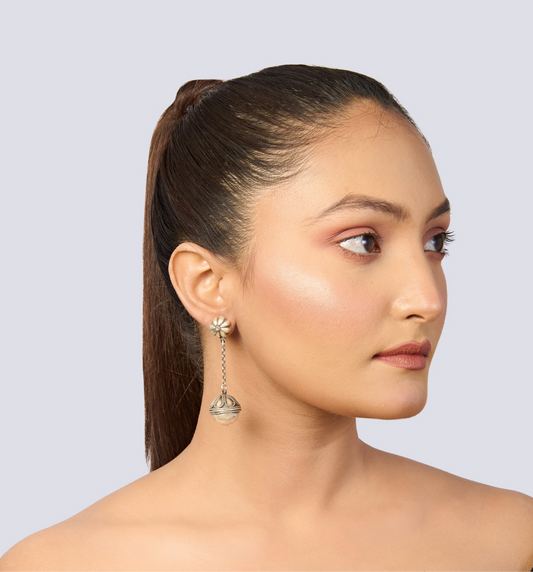 Oxidized Silver Floral Stud & Bead Drop Earrings