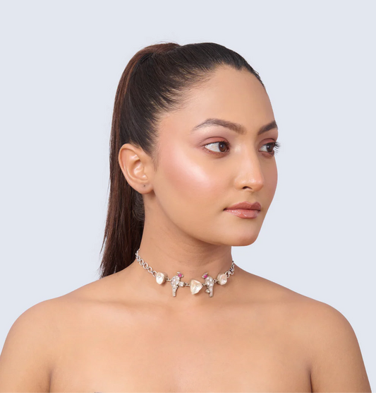 Silver Tone Bird Choker with White Pink Peach Gemstones
