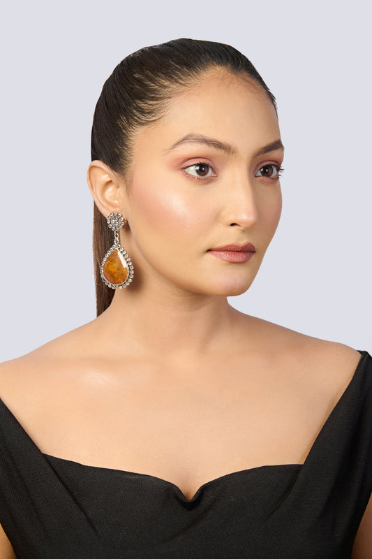 Oxidized Silver Amber Teardrop Earrings