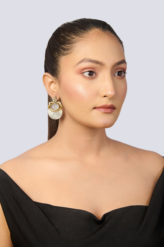 Dual-Tone Carved Stone Stud Earrings with Fan Drop