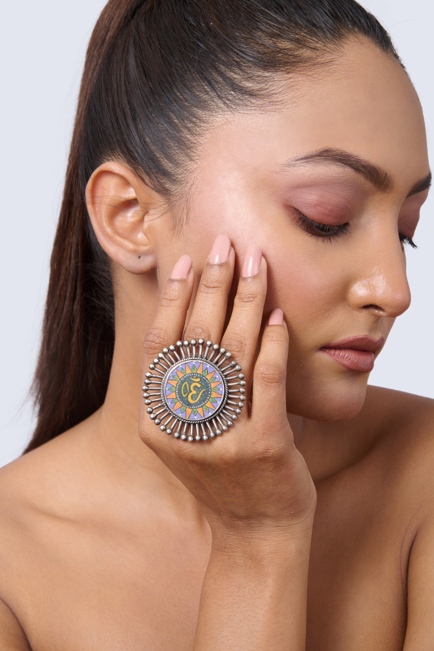 Oxidized Silver Adjustable Ring with Om Symbol and Colorful Enamel