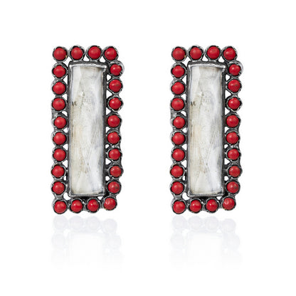 Geometric Oxidized Silver Earrings with Red Embellishments