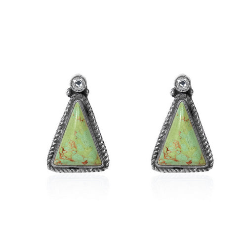 Oxidized Silver Triangle Stud Earrings with Green Turquoise Stone