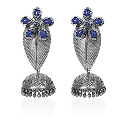 Traditional Indian Oxidized Silver Jhumka Earrings with Lapis Lazuli Accents and Dangling Silver