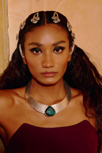 Sterling Silver Hammered Torque Necklace with Teardrop Emerald