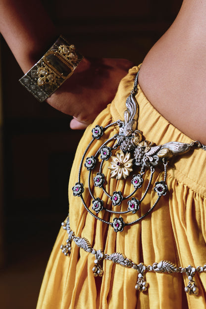 Silver and Gold Tone Necklace with Bird and Flower Motif and Ruby Accents