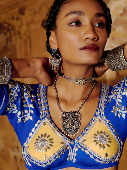 Oxidized Silver Choker with Sapphire Center, White Gem Accents, and Gold Tone