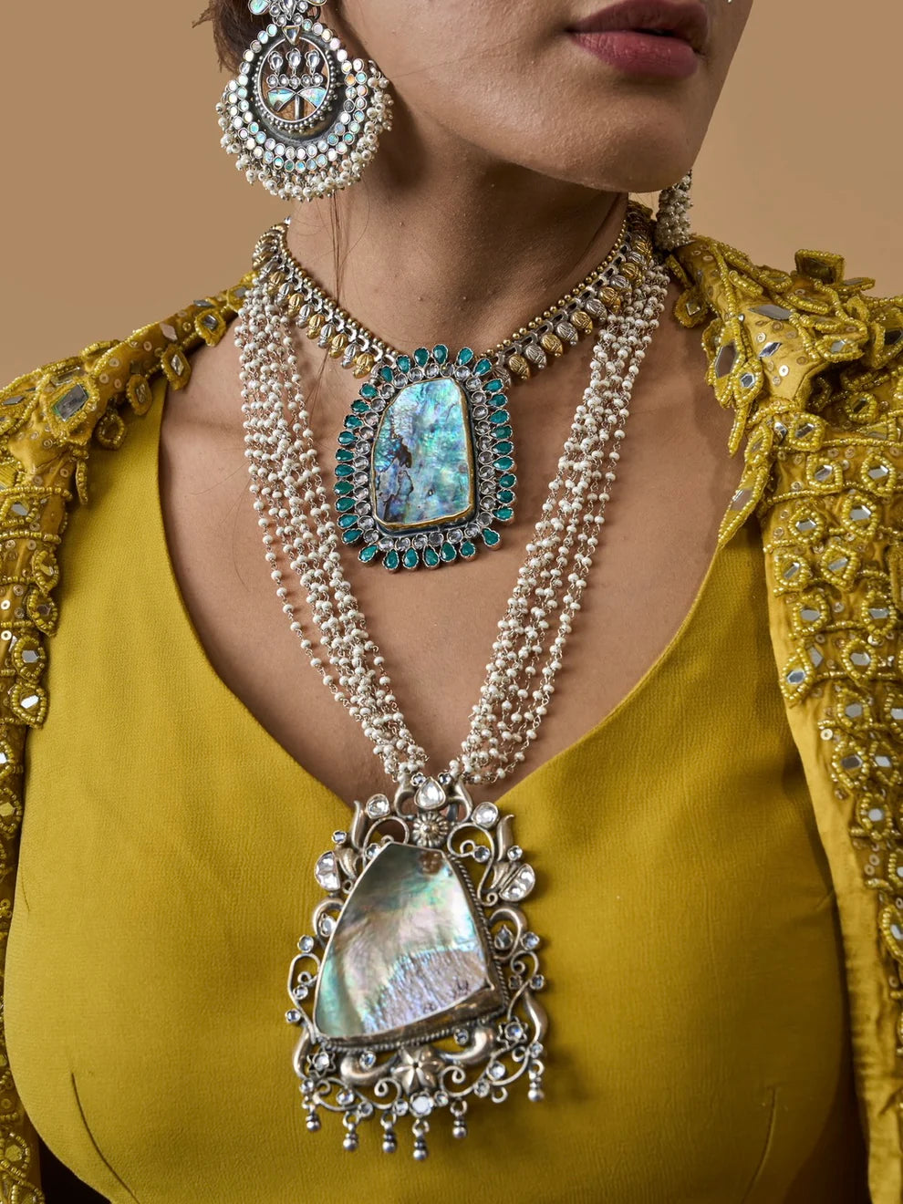 Ornate Mother of Pearl & Sterling Silver Statement Necklace