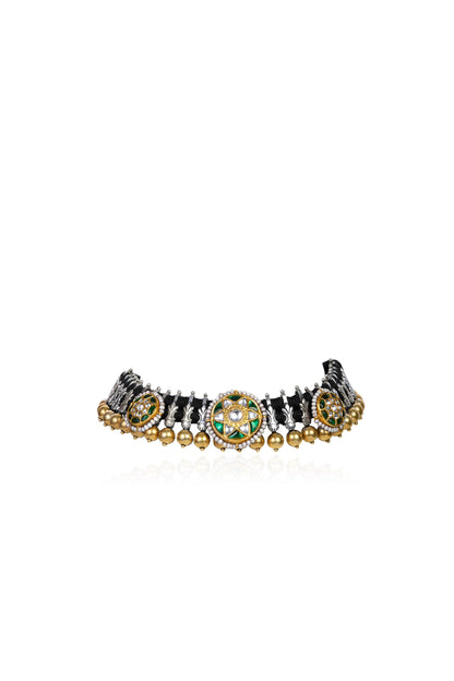 Intricate Necklace with Emerald Center, CZ Details, and Gold Bead Dangles