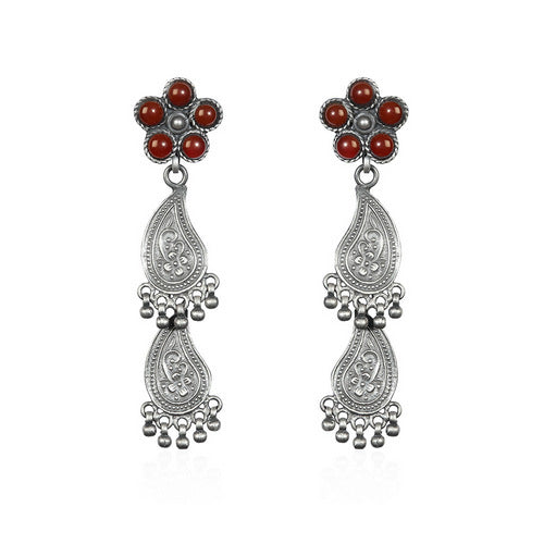 Oxidized Silver Carnelian Floral Drop Earrings