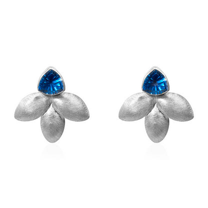 Brushed Silver Stud Earrings with Triangular Blue Gem and Leaf Petals