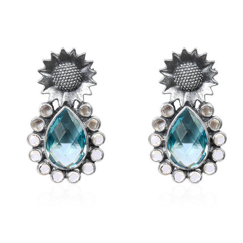 Oxidized Silver Dangle Earrings with Pear Blue Topaz, Moonstone Accents, and Floral Top