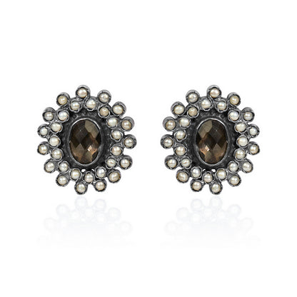 Oxidized Silver & Brown Stone Stud Earrings with Pearl Halo