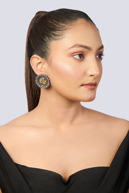 Dual-Tone Oxidized Silver Stud Earrings with Blue Stones & Gold Floral Design