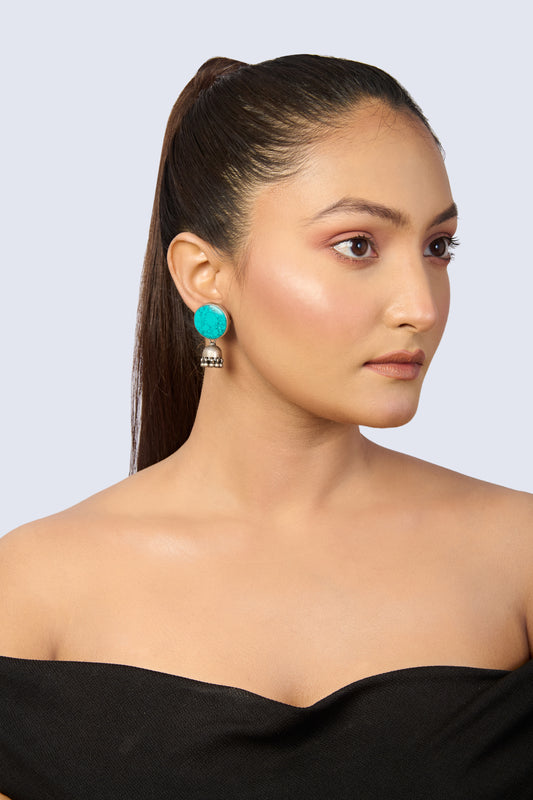 Oxidized Silver Turquoise Stone Stud Jhumkas