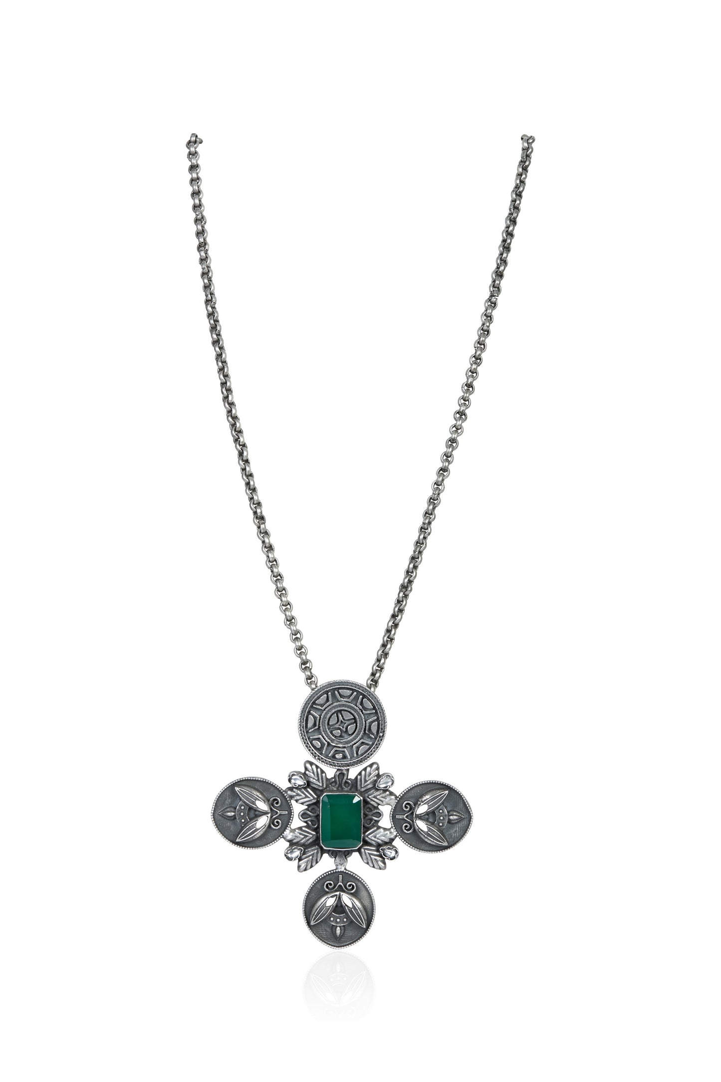 Insect Motif Pendant Necklace – Green Onyx in Oxidised Silver