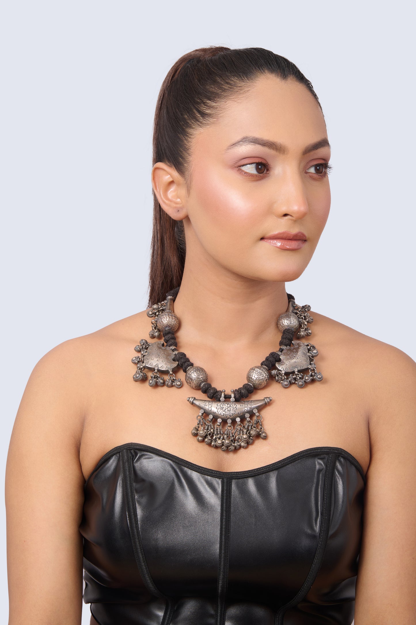 Oxidized Silver Tribal Necklace with Dangle Charms on Black Cord