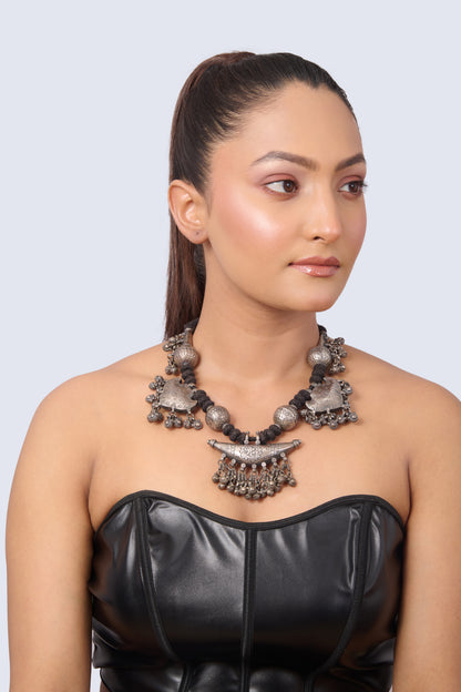 Oxidized Silver Tribal Necklace with Dangle Charms on Black Cord