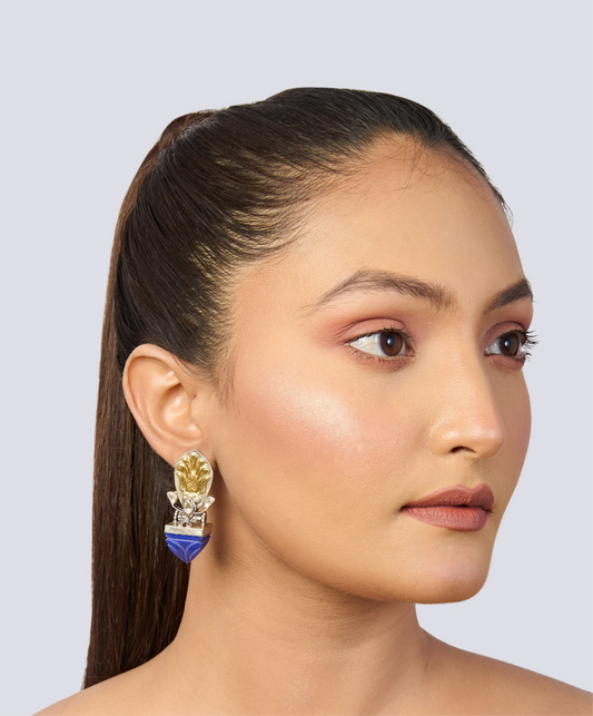 Oxidized Silver & Gold Tone Stud Earrings with Carved Lapis Lazuli Drop