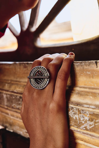 Abstract Spiral & Bar Oxidized Silver Statement Ring