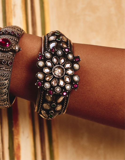 Antique Multi-Gemstone & Pearl Studded Statement Cuff