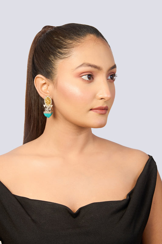 Dual-Tone Floral Stud Earrings with Carved Turquoise Stone