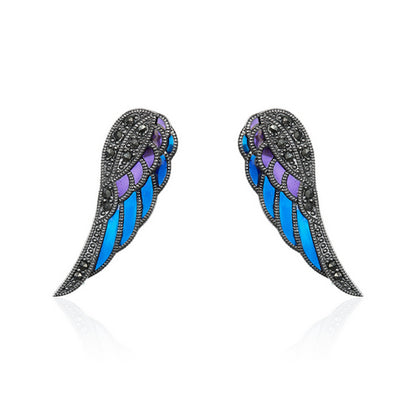 Oxidized Silver Angel Wing Stud Earrings with Blue, Purple & Black Enamel