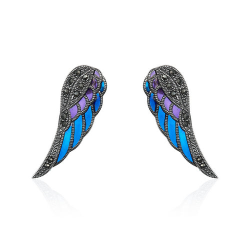 Oxidized Silver Angel Wing Stud Earrings with Blue, Purple & Black Enamel
