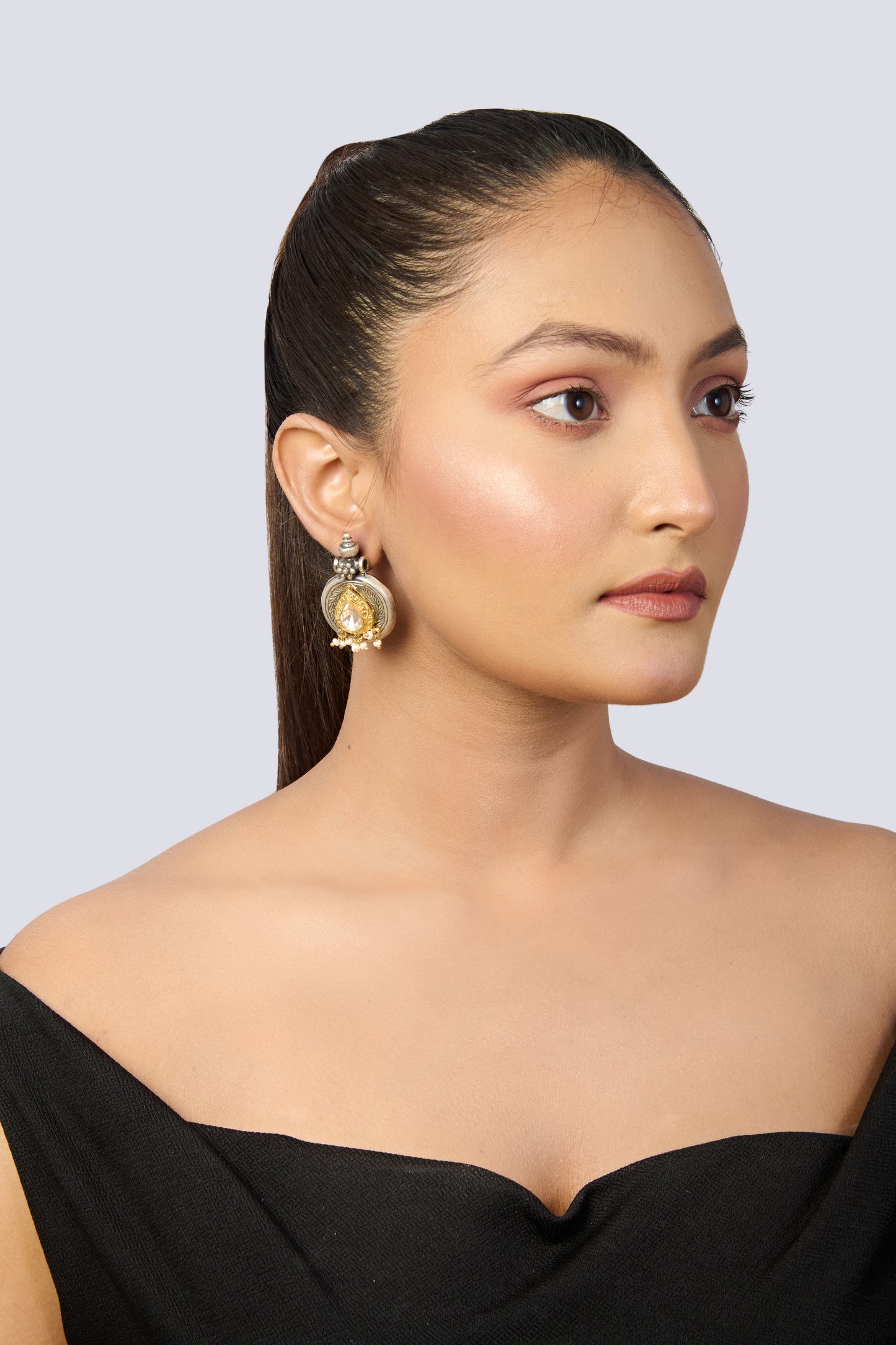Oxidized Silver Stud Earrings with Pear Citrine, Gold Accents, and Pearl Drops