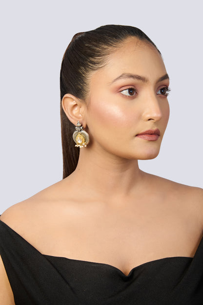 Oxidized Silver Stud Earrings with Pear Citrine, Gold Accents, and Pearl Drops