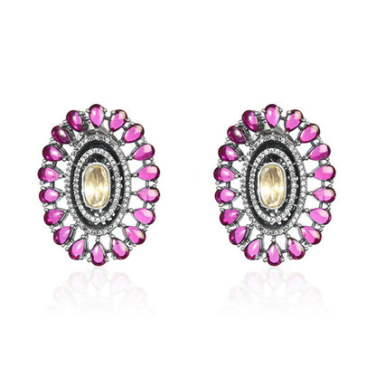 Elegant Oxidized Silver Earrings with Oval Champagne Stone and Vibrant Pink Gem Border