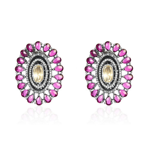 Elegant Oxidized Silver Earrings with Oval Champagne Stone and Vibrant Pink Gem Border