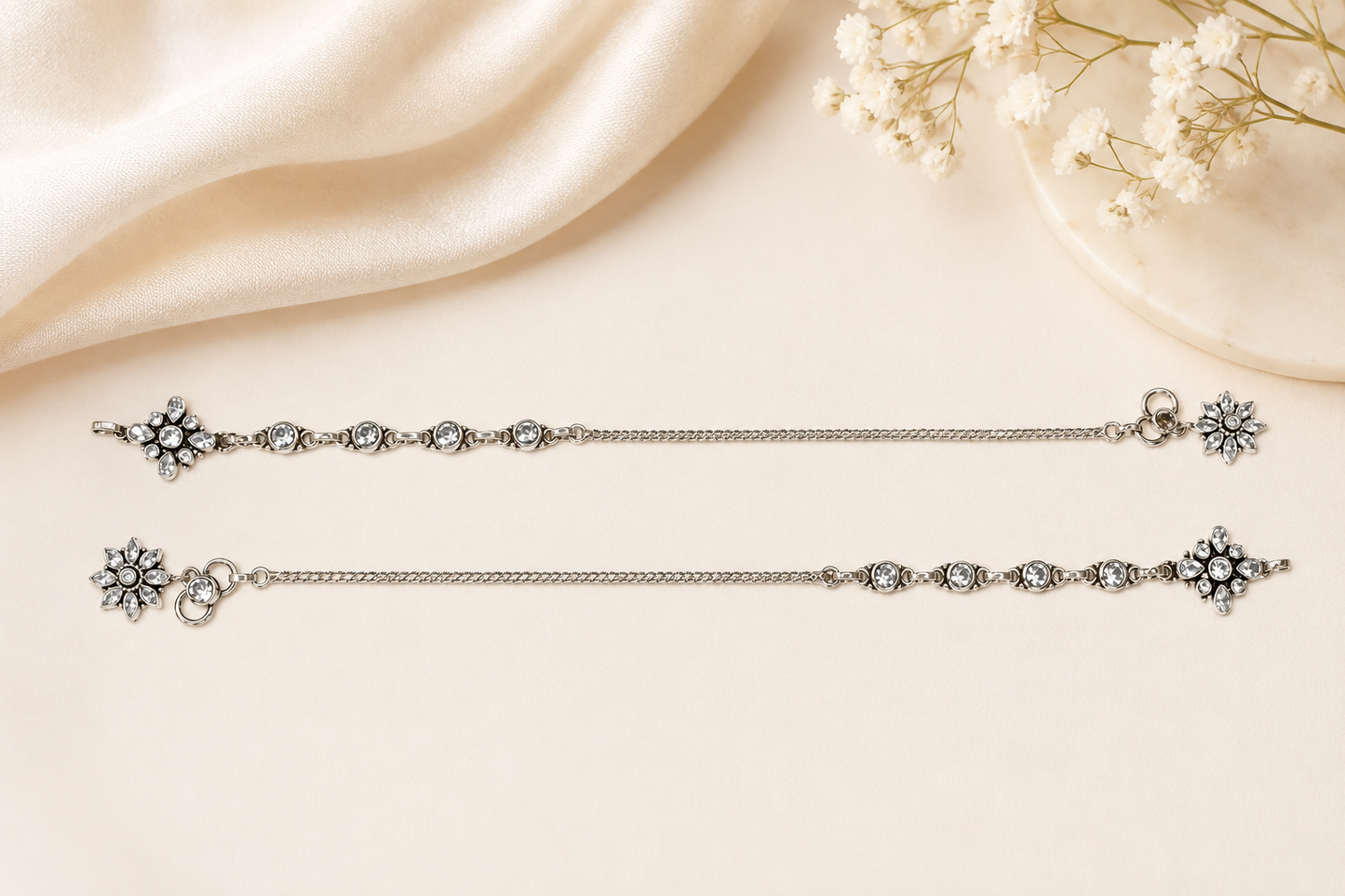 925 Silver Floral Cluster & Bezel-Set CZ Anklets (Pair)