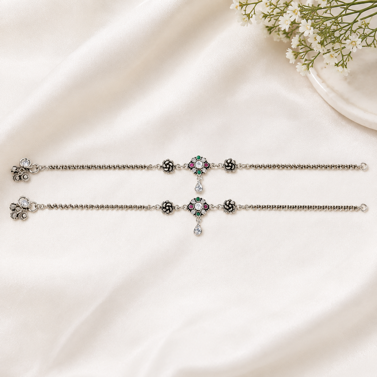 925 Silver Floral Gemstone & Teardrop CZ Anklets (Pair)