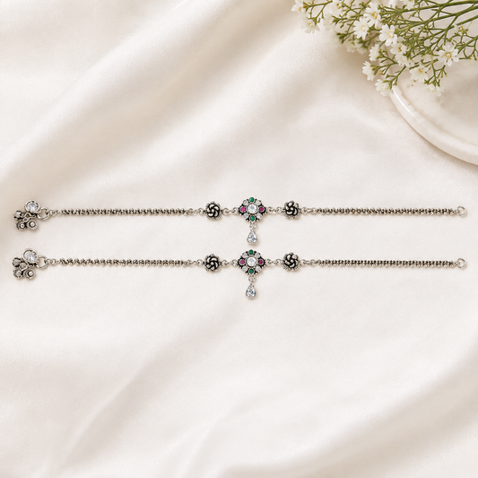 925 Silver Floral Gemstone & Teardrop CZ Anklets (Pair)