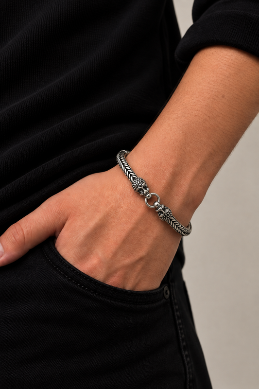 925 Silver Men's Lion Head Foxtail Chain Bracelet