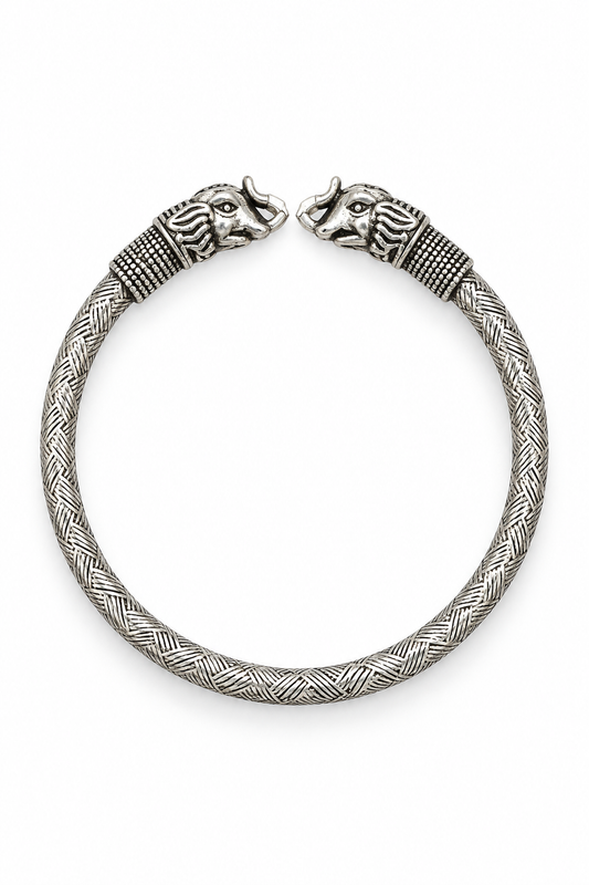 925 Silver Men's Elephant Head Woven Kada Cuff Bracelet