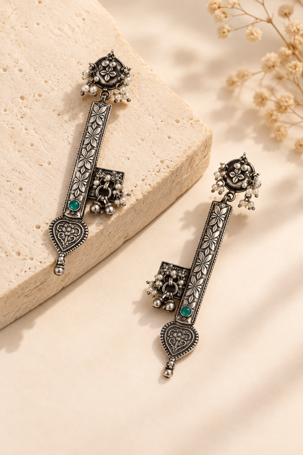 925 Silver Floral Key Pearl Drop Earrings